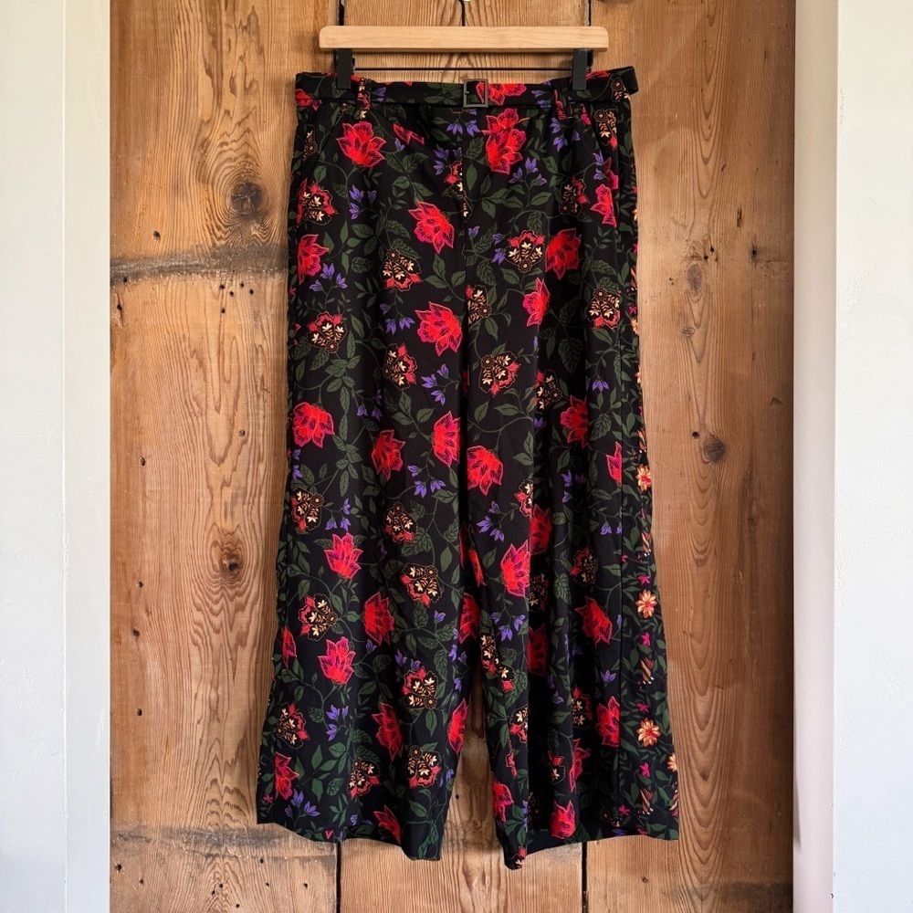 Sz L Joie Vibrant Botanical Print Black Cropped Wide Leg Belted Pants EUC